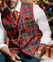 preiswerte -Herren Weste Gilet Weihnachten Urlaub Party Weihnachten Mode Herbst Winter Tasche Knöpfe Polyester Bequem Karomuster Einreihig Ein-Knopf Revers Normale Passform Dunkelrot Rote Weste