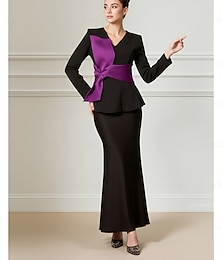 Недорогие -Из двух частей Футляр Платья До щиколотки Длинный рукав V-образный вырез Элегантный стиль Маленькое черное платье Официальные Сатин Платье для матери невесты с Пояс / лента