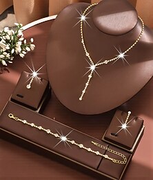 preiswerte -Goldfarbenes Strass-Schmuckset für Damen – elegante Y-förmige Halskette, Hängeohrringe &Armband, funkelnde Kristallaccessoires für Abschlussbälle und Partys &formelle Veranstaltungen