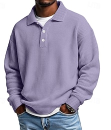 baratos -Homens Camisas Polo Waffle Camisas Polo Formal O negócio gola pólo com nervuras Manga Longa Moda Côr Sólida Botões Puro Outono Primavera & Outono Ajuste Largo Preto Verde Claro Verde Azul Claro Roxo