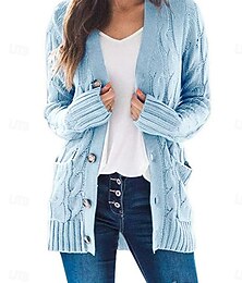 Недорогие -Жен. Повседневная куртка Удобный Дышащий Карман Пуговицы На каждый день Полотняное плетение Отпуск Для улицы Повседневные На каждый день Открытый перед Длинная Без воротника Стандартный Длинный рукав