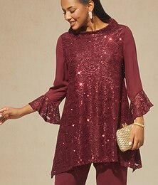 abordables -Femmes Chemise en Dentelle Tunique Haut d'épissage en dentelle Chemisier Paillettes Dentelle A Volants Élégant Quotidien Dames Manche 3/4 Manche flottante Col Bateau Col haut Hauts Longs robe