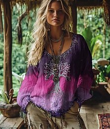 abordables -T-shirt Boho Femme Graphique Géométrique Élégant Bohême Vintage Manches Longues Col V Tops Réguliers Quotidiens Week-end Imprimé 3D Bleu Rouge Violet Vert Été Printemps Automne Hiver