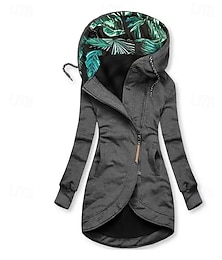 preiswerte -Damen Wintermantel Warm Bequem Patchwork Reißverschluss Tasche Lässig Druck Urlaub Straße Lässig Alltagskleidung Lang Mit Kapuze Normale Passform Langarm Oberbekleidung Marineblau Schwarz Grau Herbst