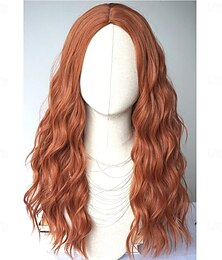 abordables -Perruque longue rousse naturelle, perruque rousse bouclée longue, perruque synthétique rousse cuivrée ondulée de 71 cm (28 pouces) pour carnaval ou fête.
