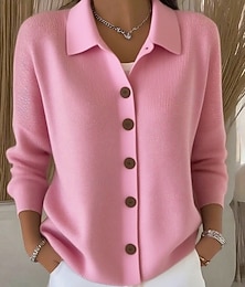billiga -Dam Tröja Kofta Streetwear Ledigt Ensfärgat Tröjkrage Knappar Stickat Långärmad Vanliga toppar Sticka Helgdag Utekväll Helgen Vit Rodnande Rosa Höst Vinter