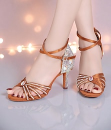 ieftine -Pantofi de dans latino pentru femei cu strasuri - tocuri profesionale de salsa tango cu baretă la gleznă pentru performanță și competiție