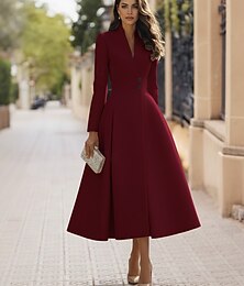 baratos -Vestido smoking Linha A Formal Crepe Esticado Elegante Vintage Manga Longa Longuette Comprimento Midi Rainha Ana Trespassado