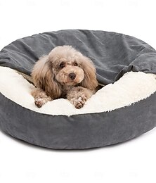 abordables -Petit lit pour chien ou chat avec couverture à capuche, lit douillet et luxueux pour chiot ou animal de compagnie, lit rond apaisant et anti-anxiété en forme de grotte pour chien - antidérapant