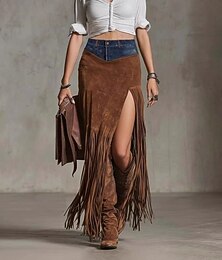 olcso -Női Szoknya Csehország Szüret Maxi Közepes csípő Szoknyák Világosbarna Tavasz Kecskebőr