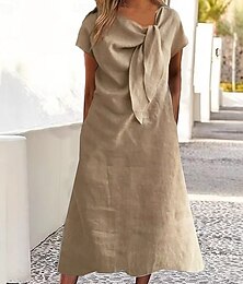 baratos -Vestido midi feminino em algodão e linho, modelo tubinho, vestido evasê, vestido de verão com babados, vestido casual para férias, vestido para uso diário, modelagem solta, liso, manga curta, gola