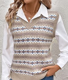preiswerte -Damen Pullover Pullunder Vintage Streetwear Lässig Geometrisch V Ausschnitt Gestrickt Druck Ärmellos Normale Oberteile Stricken Täglich Ferien Ausgehen Khaki Herbst Winter