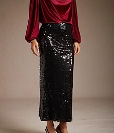 economico -Per donna Midi Nero Gonne Primavera, Autunno, Inverno, Estate Paillettes Glitter Foderato Misura del girovita medio Elegante Vintage Festa Formale Matrimonio Feste XS S M