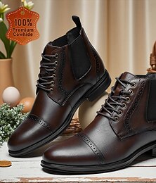 baratos -Botas masculinas de couro marrom com cadarço e detalhes brogue - calçados elegantes e versáteis para uso profissional, ocasiões formais e viagens.