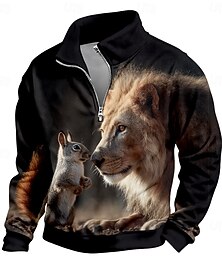 economico -Per uomo Leone Felpa 3D Da caccia Collo alla coreana All'aperto Lavoro Regalo Nero Grigio Cerniera Autunno Inverno progettista S M L XL XXL XXXL