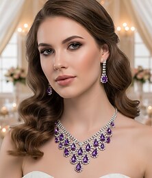 abordables -Ensemble collier et boucles d'oreilles pendantes en argent plaqué violet pour femme - bijoux de mariée élégants en cristal pour mariages, bals de fin d'année et soirées habillées