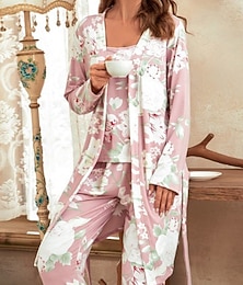 abordables -Femmes Pyjamas Loungewear Ensemble Pyjama Occasionnel Fleuri Pyjama en satin soyeux Taille Élastique Pantalon Quotidien Maison Lit manche longue Col en V Bleu Rose Claire Été Printemps Coupe régulière