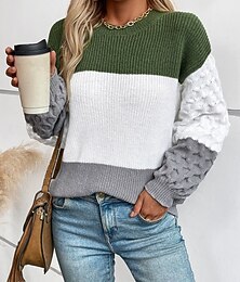 abordables -Femmes Pull Occasionnel Doux Bloc de Couleur Côtelé Col ras du cou Patchwork Tricoté manche longue Hauts Réguliers Tricoter Extérieur Quotidien Week-end Vin Vert Véronèse Automne Hiver