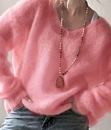 billiga -Dam Tröja Elegant Mode söt stil Ensfärgat V-hals Stickat Långärmad Vanliga toppar Sticka Utomhus Hem Dagligen Blå Rodnande Rosa Höst Vinter