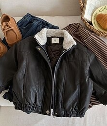 billiga -Barn Pojkar Svart skinnjacka Jacka och kappa Ytterkläder Ensfärgat Långärmad Håller värmen Vindtät Täcka Utomhus Streetwear Ledigt Brun Höst Vinter 4 år +