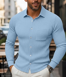 cheap -Men's Shirt Ribbed Knitted Casual Shirt Button Up Shirt Blue White Navy Blue Gray Long Sleeve Plain Collar Casual Daily Pocket Clothing Apparel Fashion Modern Casual Comfortable