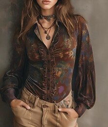 levne -Dámské Košile Halenka Květinový Čechy stylové Dlouhý rukáv Košilový límec Běžné topy Dovolená Jdeme ven Nabírané šaty Tisk Hnědá Podzim Zima