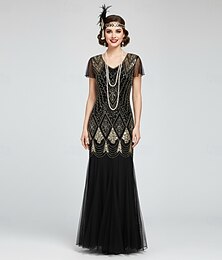 abordables -Set Années Folles Années 1920 Longueur cheville Robe Robes de Soirée Tenues avec accessoires Manches courtes Gatsby le Magnifique Grande Taille Invité au mariage Frange à pompons Franges Col en V