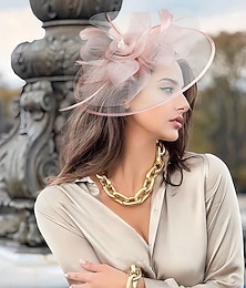 economico -Acconciatura Tulle Piuma Cappello Fedora Matrimonio Tè Corsa di Cavalli Cocktail Elegante Vintage Con Piuma Copricapo Copricapo