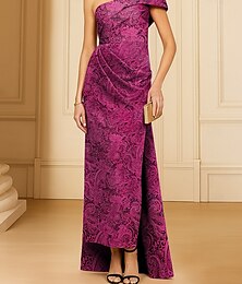 voordelige -Schede / Kolom Avond Tot de grond Tot de enkel Cocktailjurken Baljurk met overrok Elegant Vintage Mouwloos Eén-schouder Formeel Bruiloft gast Jacquard met Ruches
