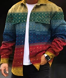 billiga -Herr Randig tröja Shacket Skjorta jacka Avslappnad överskjorta Regnbåge Semester Dagliga kläder Rubinrött Multi Color Långärmad Kavajslag Höst Vinter Kläder Tryck