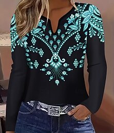 abordables -Mujer Camiseta Estampado Graphic Plantas Vintage Elegante Clásico Manga Larga Escote en Pico Cuello con muescas. Tops regulares Diario Azul Piscina Negro Primavera Otoño