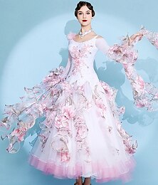 abordables -Robe de bal élégante pour femme, blanche et rose à motifs floraux, ornée de strass, épaules dénudées, idéale pour la valse, le tango, la rumba moderne et les compétitions.