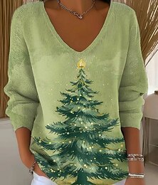 abordables -Femmes Pull Mode Streetwear Occasionnel Graphique Arbre de Noël Col en V Oversize Tricoté manche longue Hauts Réguliers Tricoter Extérieur Quotidien Blanche Rose Claire Printemps Automne