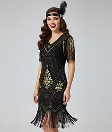 cheap -Roaring 20s 1920s Knee Length Dress Flapper Dress Prom Dress Short Sleeves The Great Gatsby Charleston Wedding Guest Sequins Tassel Fringe V Neck Fancy Dress Women's Carnival Masquerade Carnival