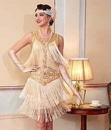 preiswerte -Goldene Zwanziger 1920er Knielang Flapper Kleid Ärmellos Der große Gatsby Pailletten Fransen V Ausschnitt Kostüm Damen Weihnachten Karneval Maskerade Retro-Mottoparty Charleston-Tanz Erwachsene Kleid