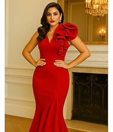 זול -שמלת ערב עורן/חצוצרה אדומה-שחורה שמלה רשמית אלגנטית שמלת כלה רשמית באורך רצפה ללא שרוולים צווארון V סטן אלסטי עם קפלים