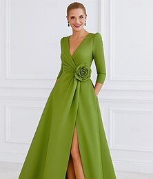 economico -Linea ad A Lunghezza al pavimento Abito da Sera Da principessa Abito formale Elegante Spacco Alto Abiti semi formali Manica Lunga Scollo a V Matrimonio Formale Tasca Raso con Pieghe