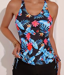 abordables -Bañador tankini de 2 piezas para mujeres shorts control de abdomen cintura alta bajo vacaciones en la playa floral hojas cuello halter sin mangas bañadores