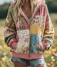 economico -Felpa con cappuccio vintage boho 3D stampata per donne felpa patchwork con cappuccio felpa pullover floreale giacca felpa con cappuccio maniche lunghe zip con tasca leggera casual zip uso quotidiano