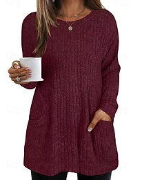 billiga -Dam Tröja Streetwear Ledigt Ensfärgat Rund hals Ficka Stickat Långärmad Långa toppar Sticka Dagligen Helgdag Utekväll Vinrött Svart Höst Vinter