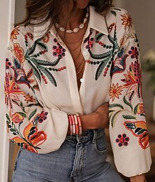 billige -Dame Bluse Blomstret Stilfull Fritid Langermet Skjortekrage Vanlige topper Daglig Knapper Trykt mønster Hvit Vår Høst