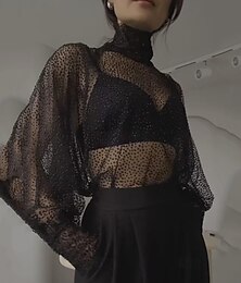 abordables -Femmes Chemisier Maille À pois Occasionnel manche longue Col haut Hauts Réguliers Quotidien Fête Sortir Noir Été Automne