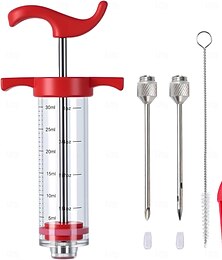 halpa -Muovinen liharuisku, kalkkunan injektiosarja, jossa on 2 ruostumattomasta teräksestä valmistettua neulaa marinadin injektoimiseksi kalkkunaan, kananlihaan, sianrintaan, ihanteellinen grillin