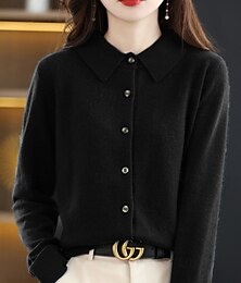 Недорогие -Жен. Вязаная ткань Кардиган Мода Уличный стиль На каждый день Сплошной цвет Воротник-поло Пуговицы Трикотаж Длинный рукав Обычные топы Вязать Повседневные Праздники На выход Черный Красный Весна Осень