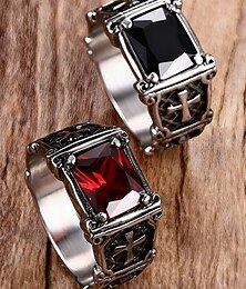preiswerte -Herrenring mit gotischem Kreuz – aus einer Legierung gefertigt, mit schwarzem und rotem Edelstein verziert, im Vintage-Stil mit religiösem Motiv, perfektes Weihnachtsgeschenk für legere und formelle Anlässe.
