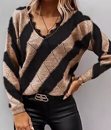 billiga -Dam Tröja Elegant Mode söt stil Ensfärgat Argyle V-hals Spets Stickat Mönster Långärmad Vanliga toppar Sticka Utomhus Hem Dagligen Kaki Höst Vinter
