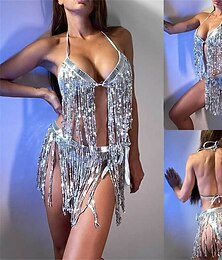 voordelige -Samba Dancewear Dames Stralende Zilveren Pailletten Franje 2 delige Outfit - Halter Bralette Top  Rok Set  Rave Feesten Prestatie Kostuum