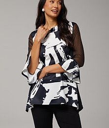 preiswerte -Damen Bluse schwarz Blumendruck Stretch Chiffon Ärmel U-Boot-Ausschnitt lässig bequem Frühling Sommer Herbst Urlaub