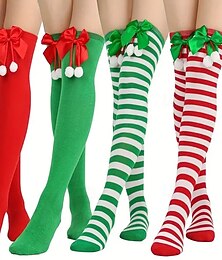 economico -4 paia di calzini natalizi alti fino alla coscia per donna, calze sopra il ginocchio con fiocco e pompon, calzini lunghi a righe opache per feste, cosplay, Natale, Capodanno e San Valentino
