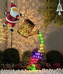 baratos -Luz de Regador Solar de Natal Santa Claus Decoração de Jardim Vintage Metal Externa Luz Kettle Solar para Pátio Caminho Presentes de Natal